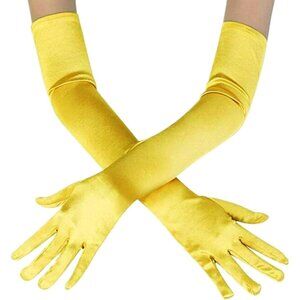 Women's Yellow Evening Long Satin Finger Gloves Halloween Wedding Party Prom